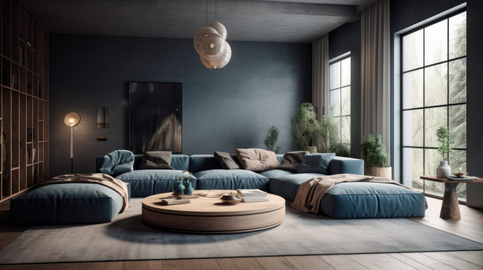 Modern cozy luxury living room in blue and beige tones. Large corner sofa, round coffee table, wooden floor and vintage carpet, live plants in floor pots, floor-to-ceiling windows with garden view.