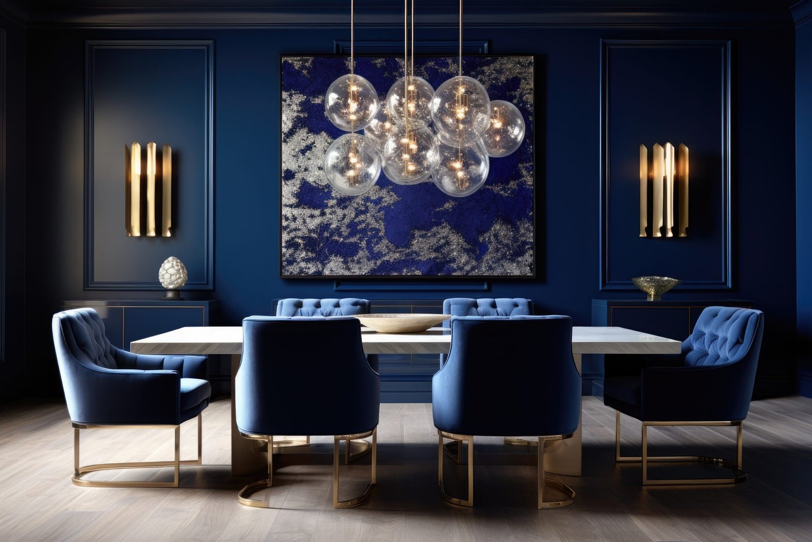 Beautiful gatsby glamour kitchen dining room interior with dark navy royal blue and gold brass lighting fixtures with art and modern furniture